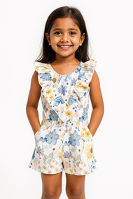 "Girls' Cotton Frill Neck Playsuit with Multicolor Floral Design - Soft Cotton, Ruffle Sleeves