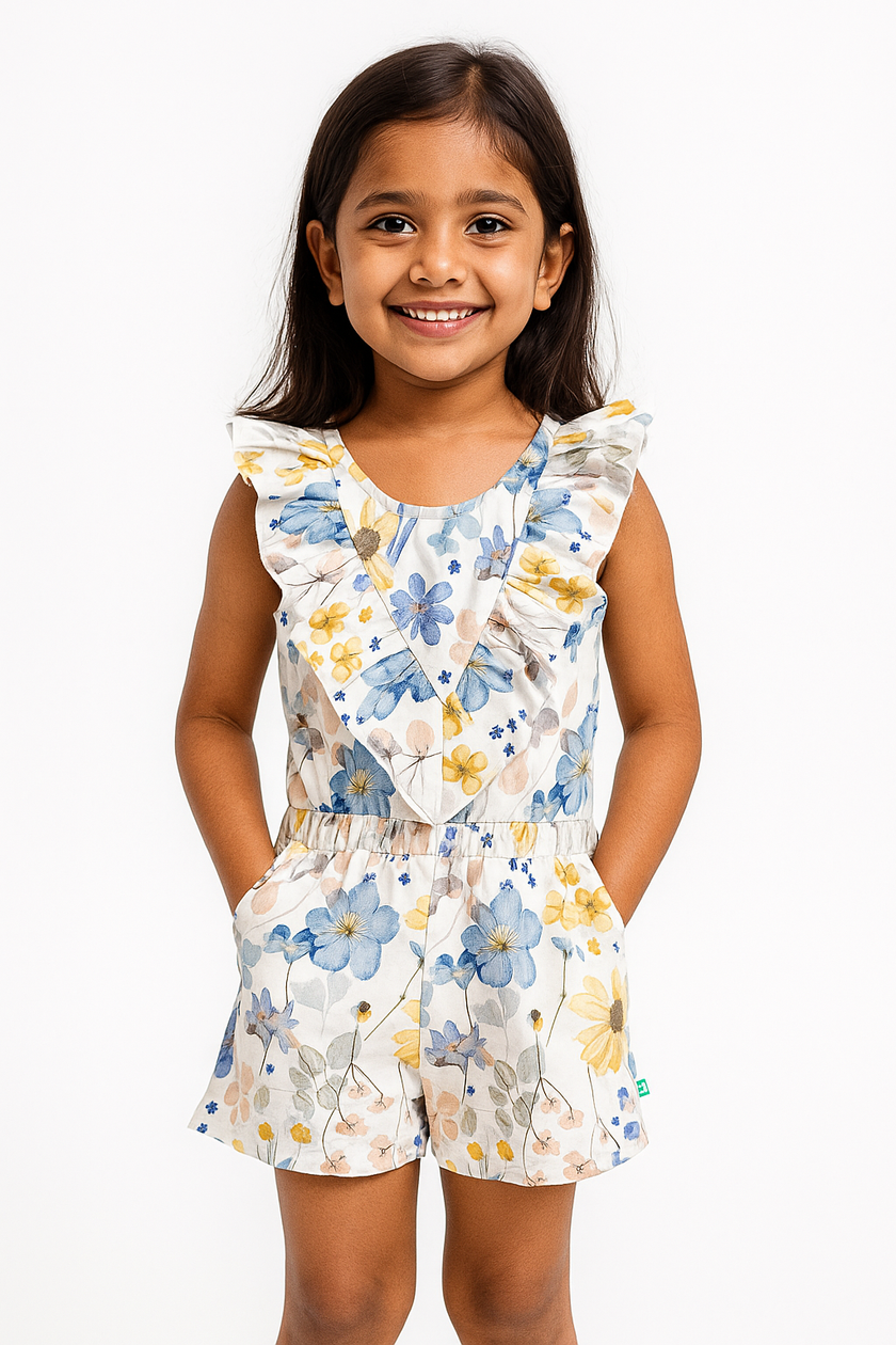 "Girls' Cotton Frill Neck Playsuit with Multicolor Floral Design - Soft Cotton, Ruffle Sleeves