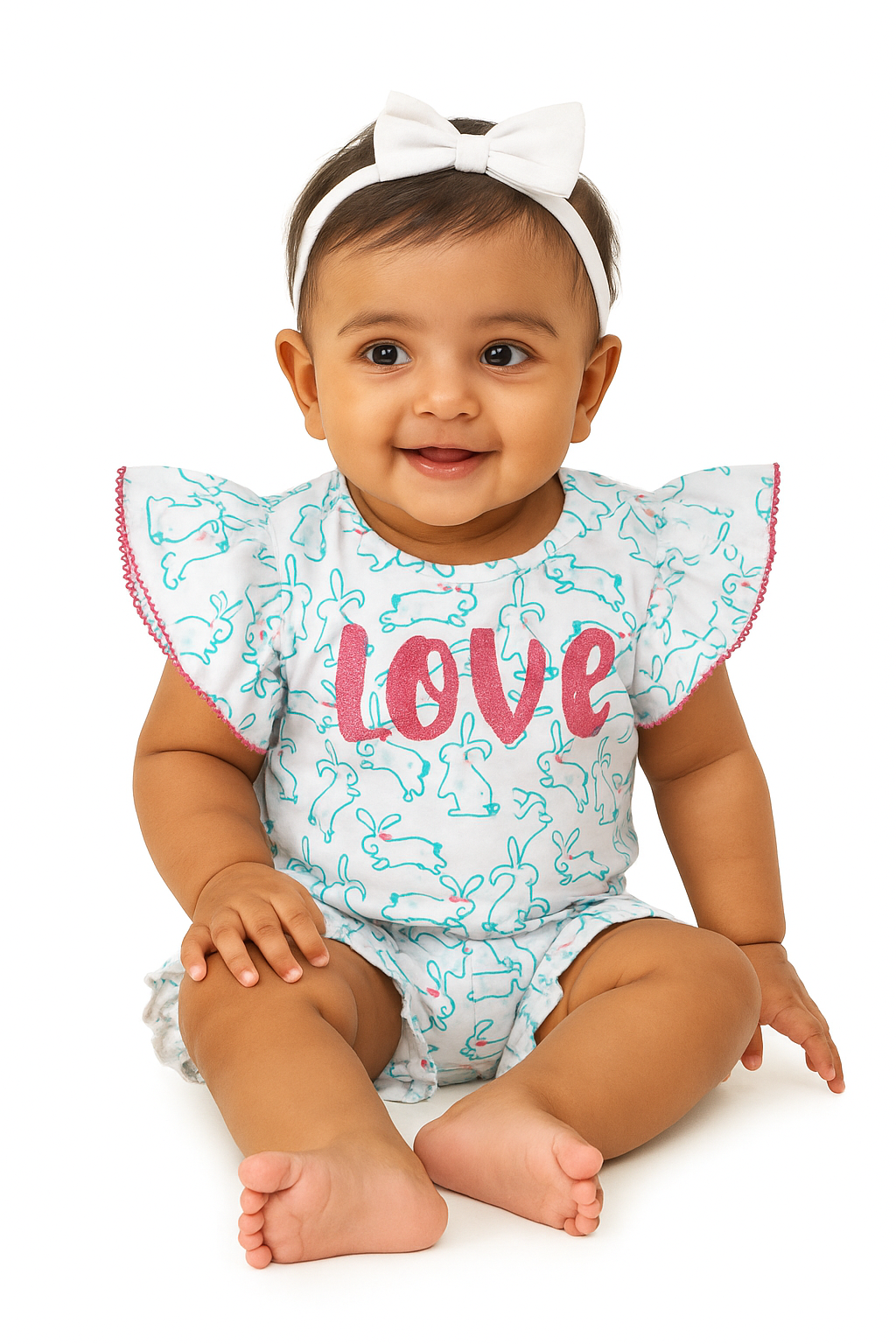 "Baby Girls' Bunny Print Cotton Top & Shorts Set – Frill Sleeves with ‘Love’ Print"