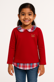 "Girls' Red Full Sleeve Sweatshirt with Checkered Peter Pan Collar & Bow Embroidery"