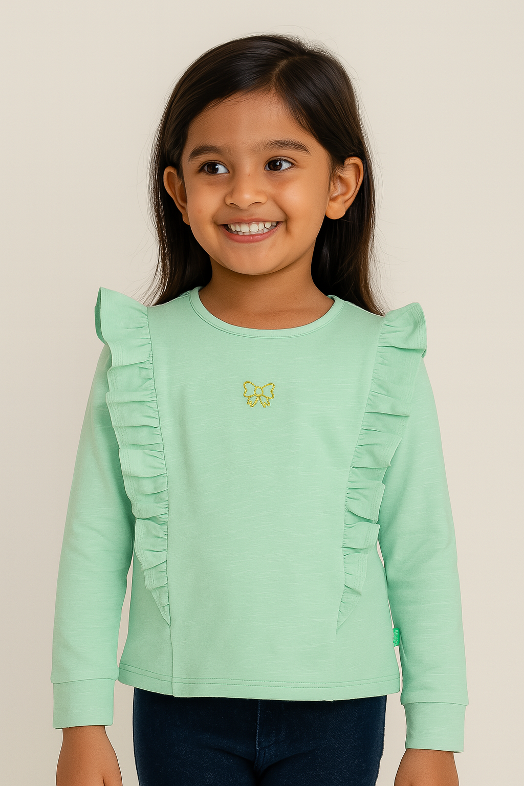 "Girls' Mint Green Full Sleeve T-shirt with Ruffle Detail & Bow Embroidery"