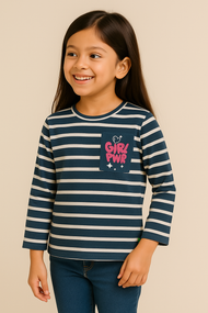 "Girls' Navy & White Striped Cotton T-shirt with 'Girl PWR' Print"