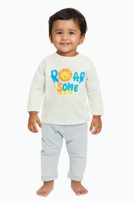 "Baby Boys' 'Roarsome' Lion Print Striped T-Shirt & Grey Jogger Pants Set – 100% Cotton"