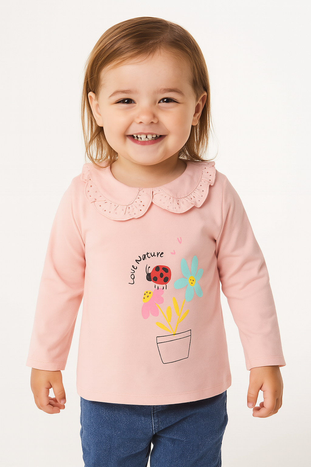 "Baby Girls Pink Cotton Sweatshirt with Embroidered  Peter Pan Collar & Nature Print"