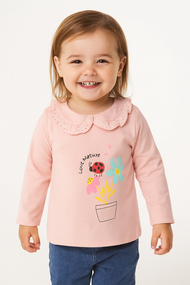 "Baby Girls Pink Cotton Sweatshirt with Embroidered  Peter Pan Collar & Nature Print"