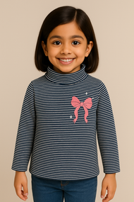 "Girls' Navy & White Striped Full Sleeve Turtleneck T-shirt with Pink Bow Print"