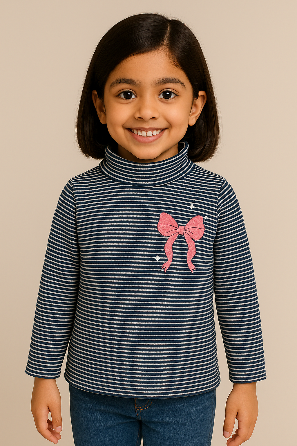 "Girls' Navy & White Striped Full Sleeve Turtleneck T-shirt with Pink Bow Print"