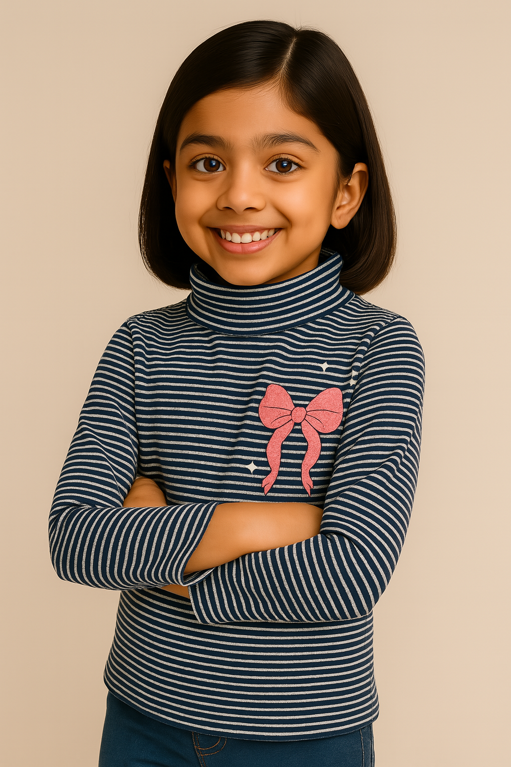 "Girls' Navy & White Striped Full Sleeve Turtleneck T-shirt with Pink Bow Print"