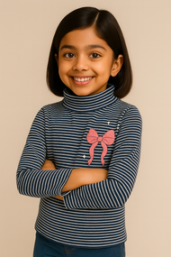 "Girls' Navy & White Striped Full Sleeve Turtleneck T-shirt with Pink Bow Print"