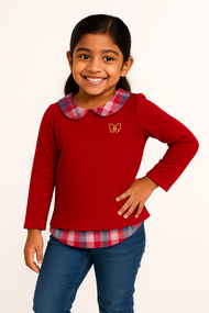 "Girls' Red Full Sleeve Sweatshirt with Checkered Peter Pan Collar & Bow Embroidery"