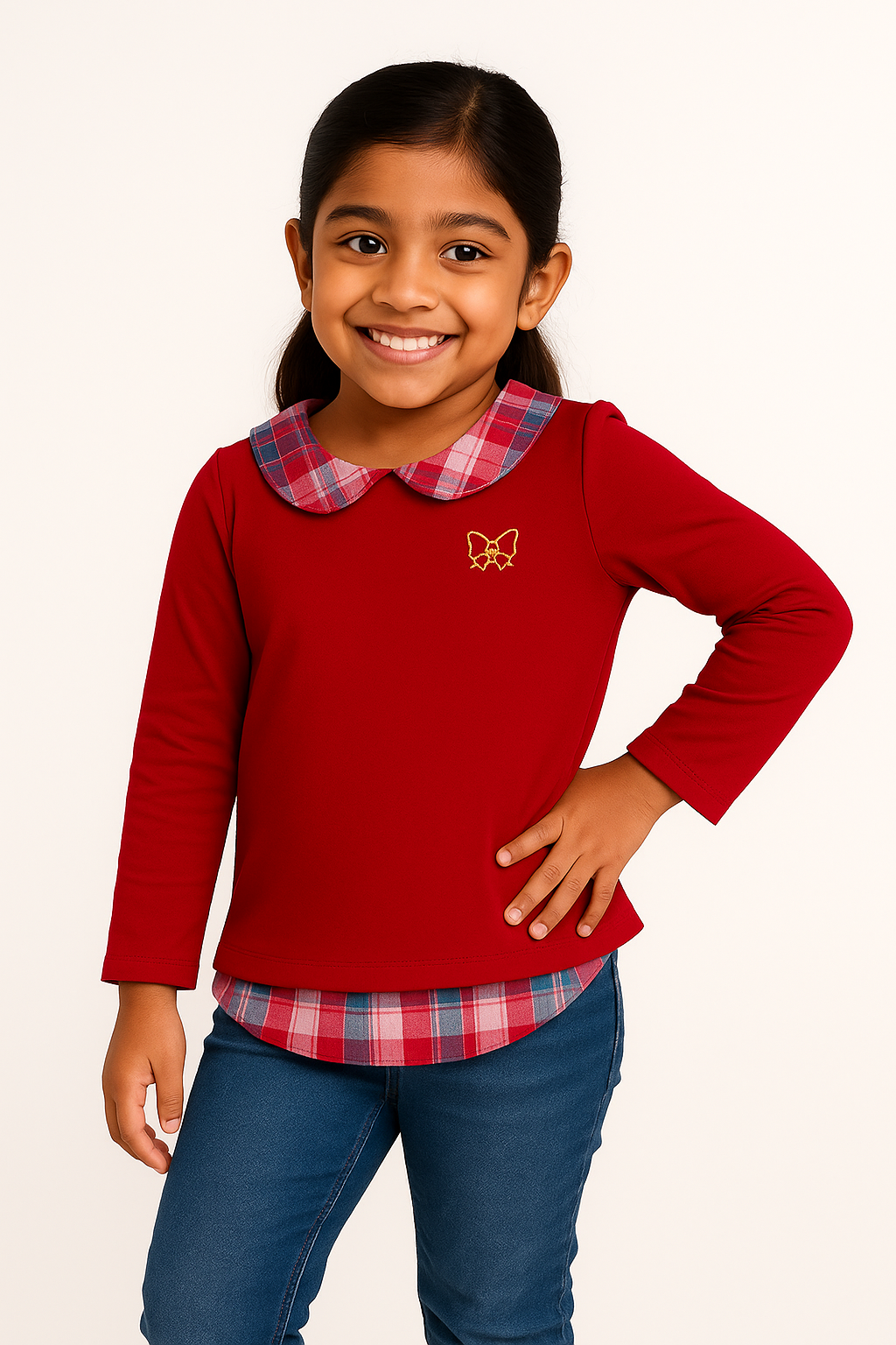 "Girls' Red Full Sleeve Sweatshirt with Checkered Peter Pan Collar & Bow Embroidery"