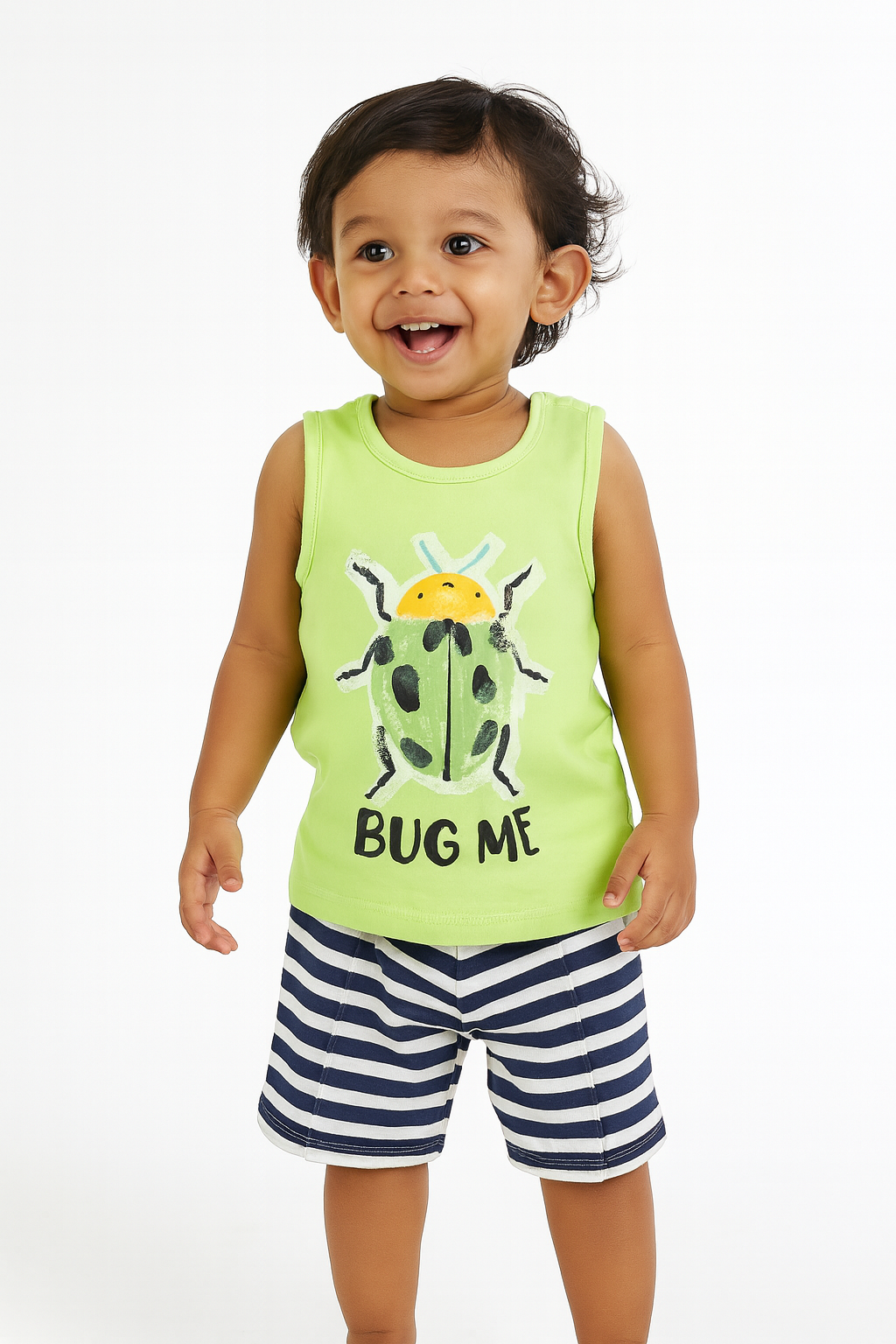 "Baby Boys Green Sleeveless Bug Print T-shirt & Navy Striped Shorts Set – Cotton Summer Co-ord"