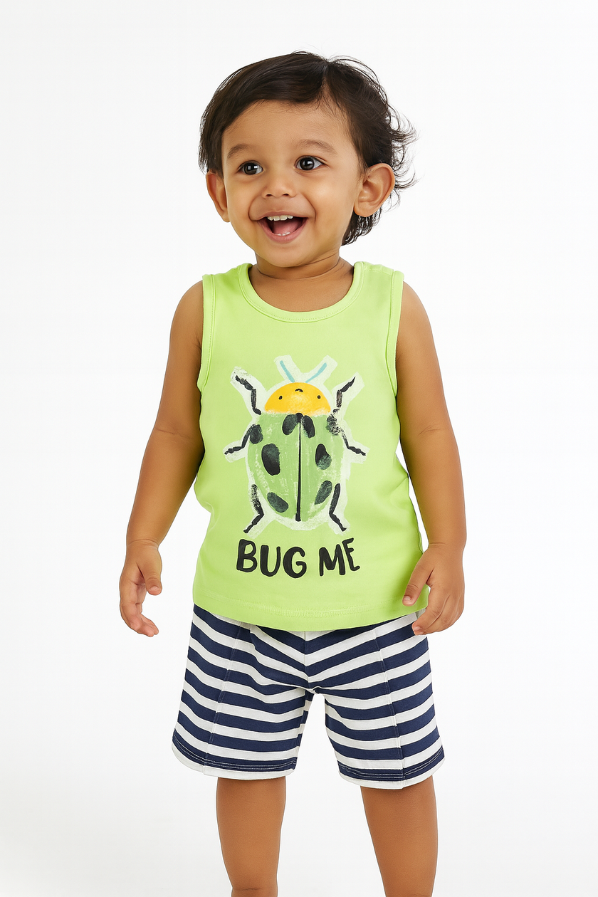 "Baby Boys Green Sleeveless Bug Print T-shirt & Navy Striped Shorts Set – Cotton Summer Co-ord"
