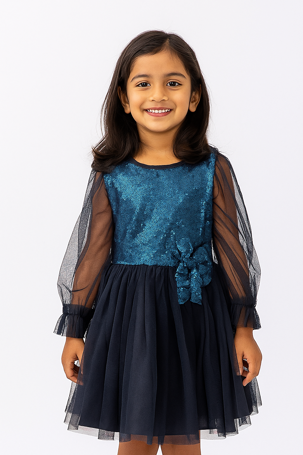 Girls' Navy Blue Sequin Tulle Party Dress with Sheer Sleeves and Bow Accent