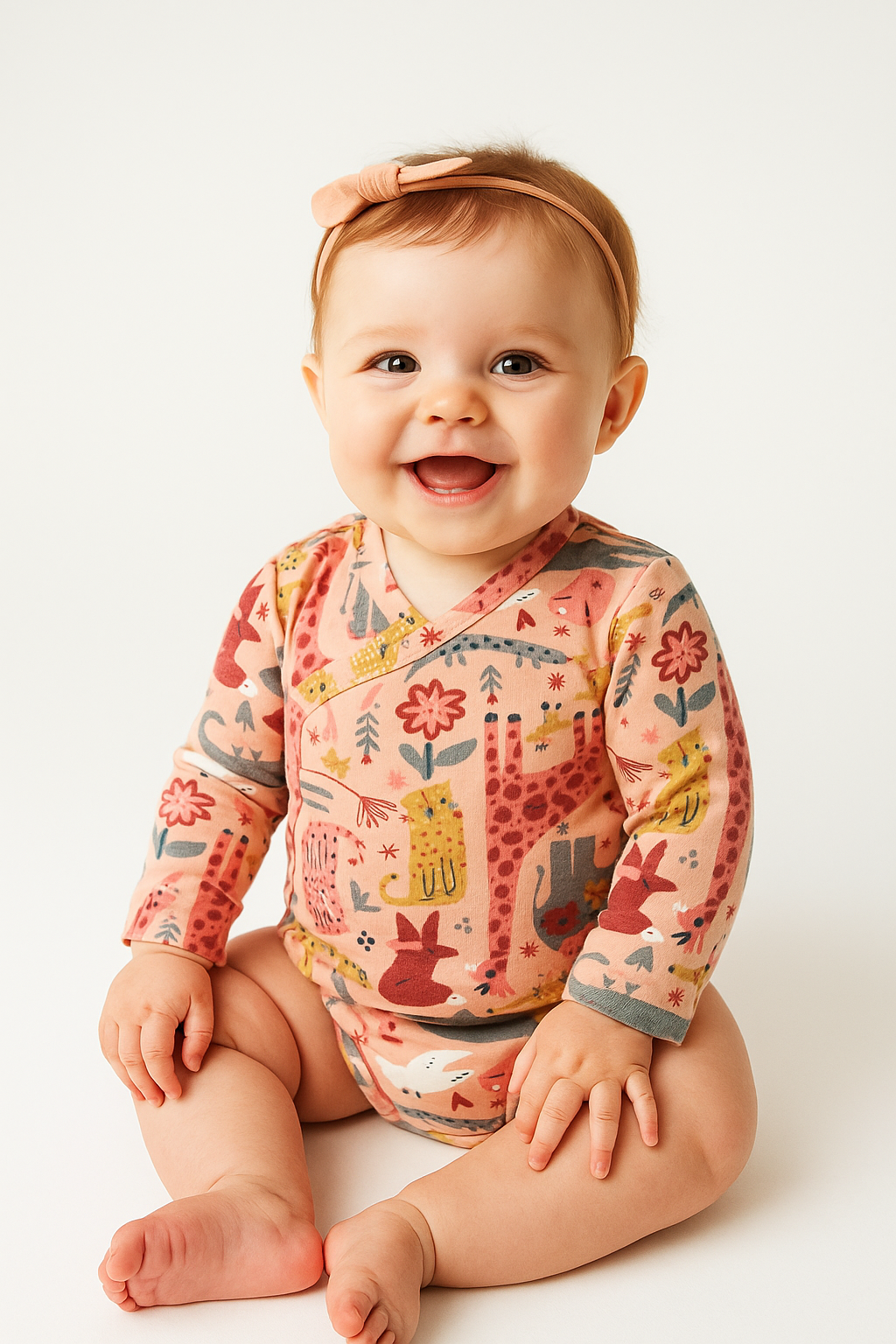 "Baby Girl's Full Sleeve Bodysuit – Soft Cotton Romper with Jungle Animal Print (Peach)"