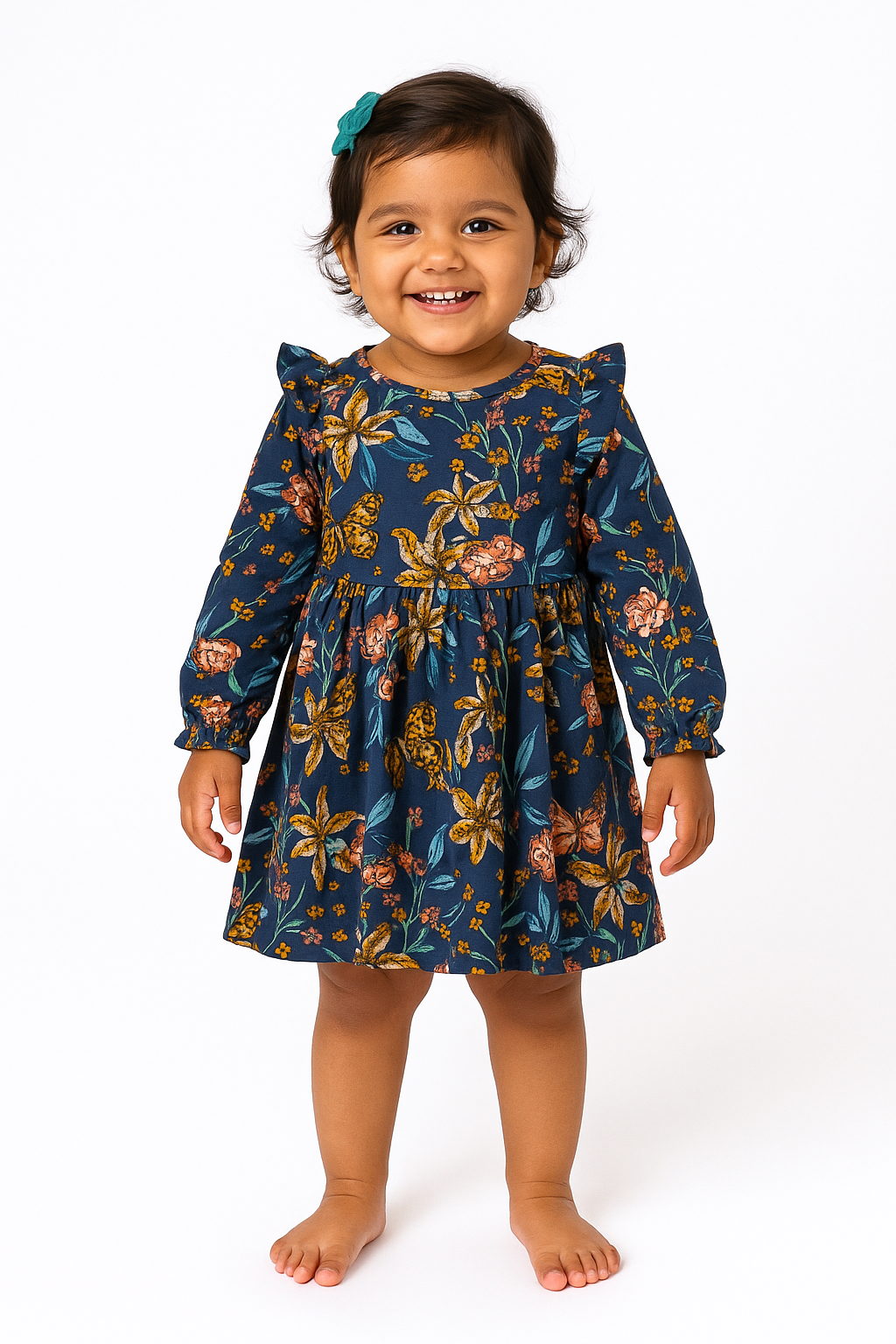 Girls' Navy Blue Floral Ruffle Sleeve Dress with Butterfly Print
