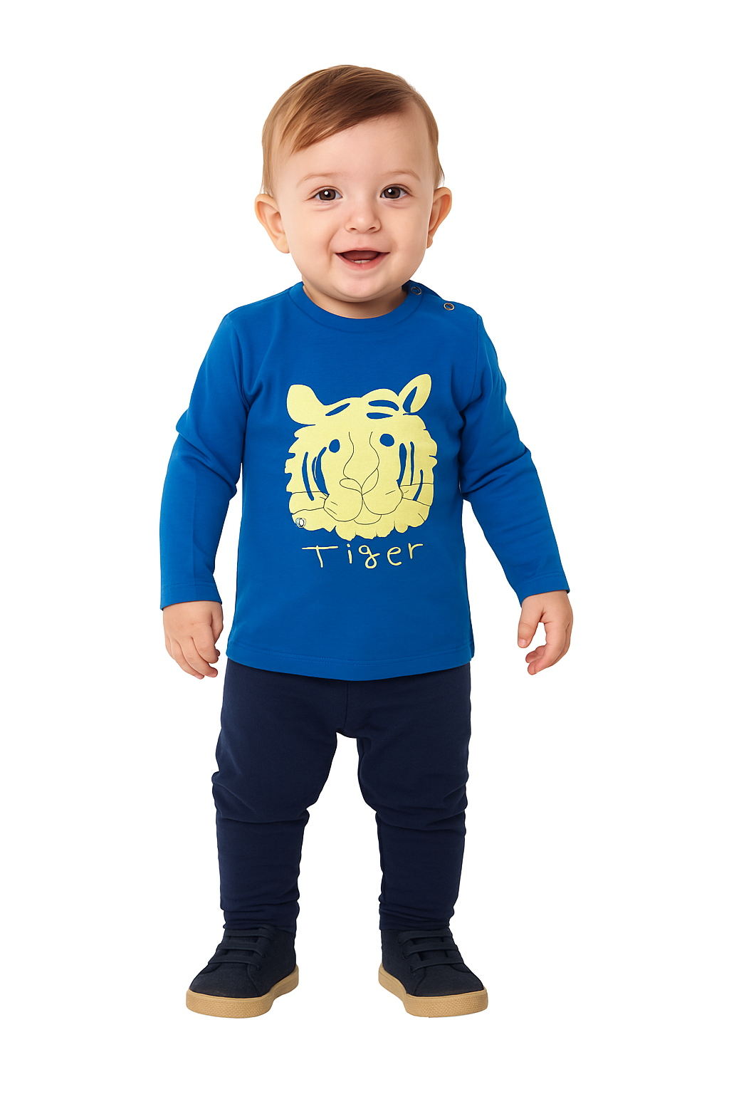 Baby Boys' Blue Long Sleeve T-Shirt - Yellow "Tiger" Graphic Print
