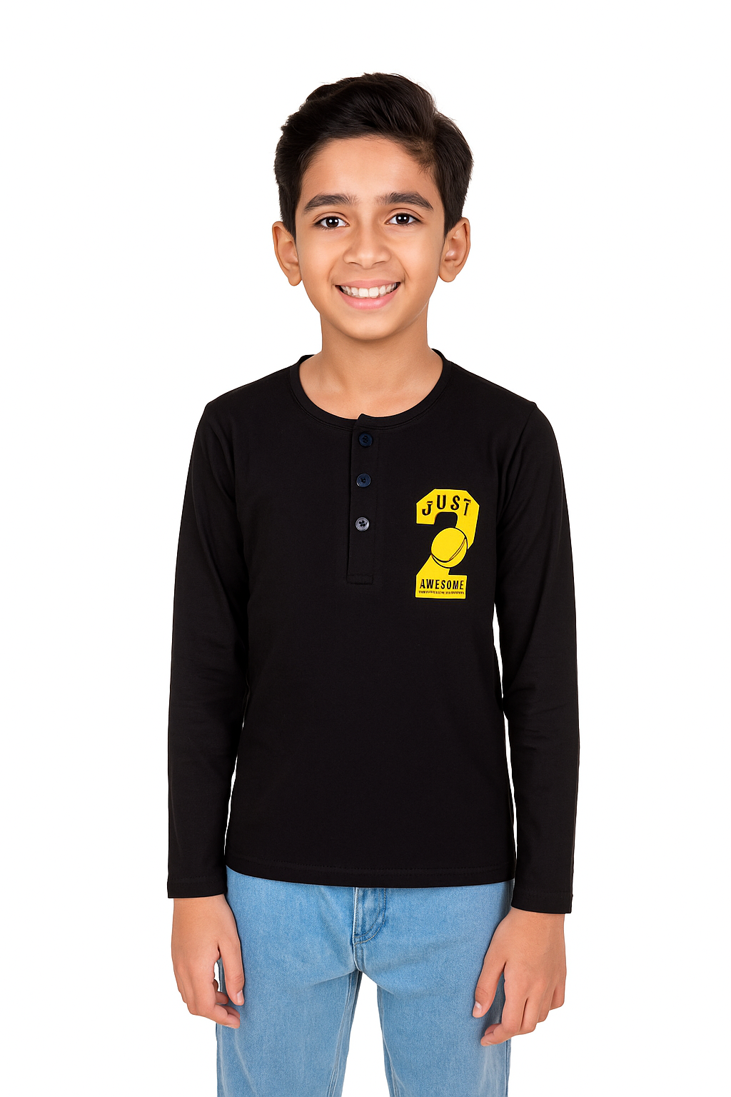 Boys' Black Henley T-Shirt - "Just Awesome" Graphic Long Sleeve