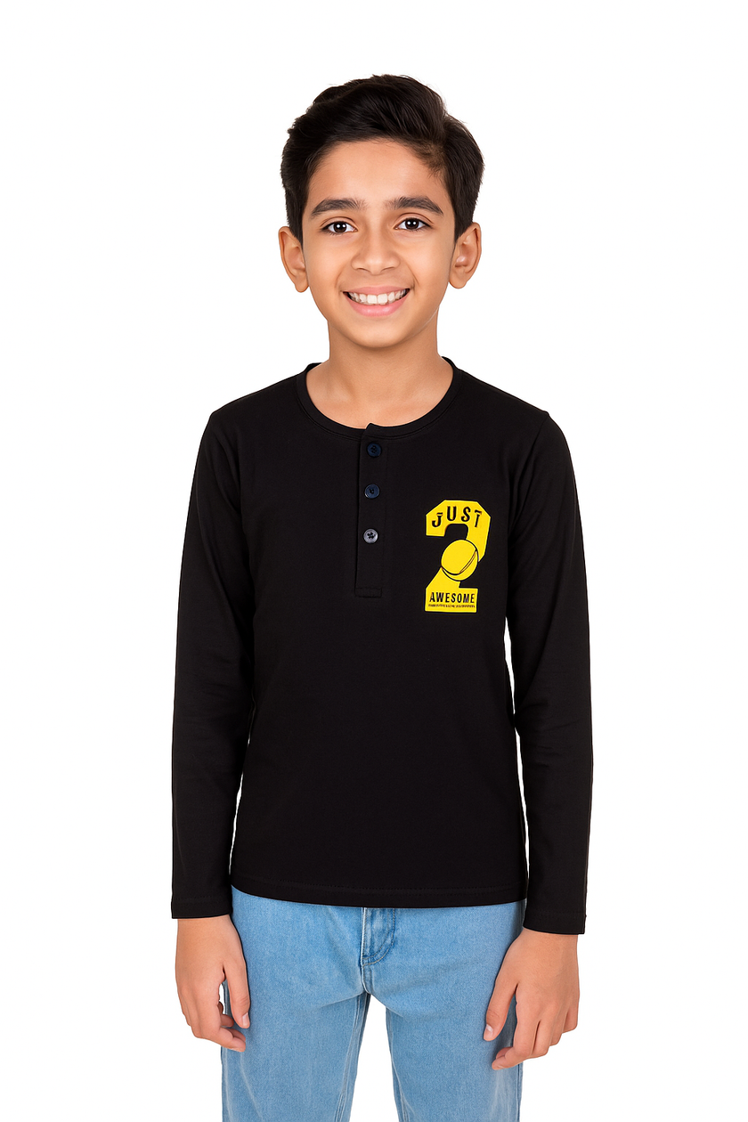 Boys' Black Henley T-Shirt - "Just Awesome" Graphic Long Sleeve
