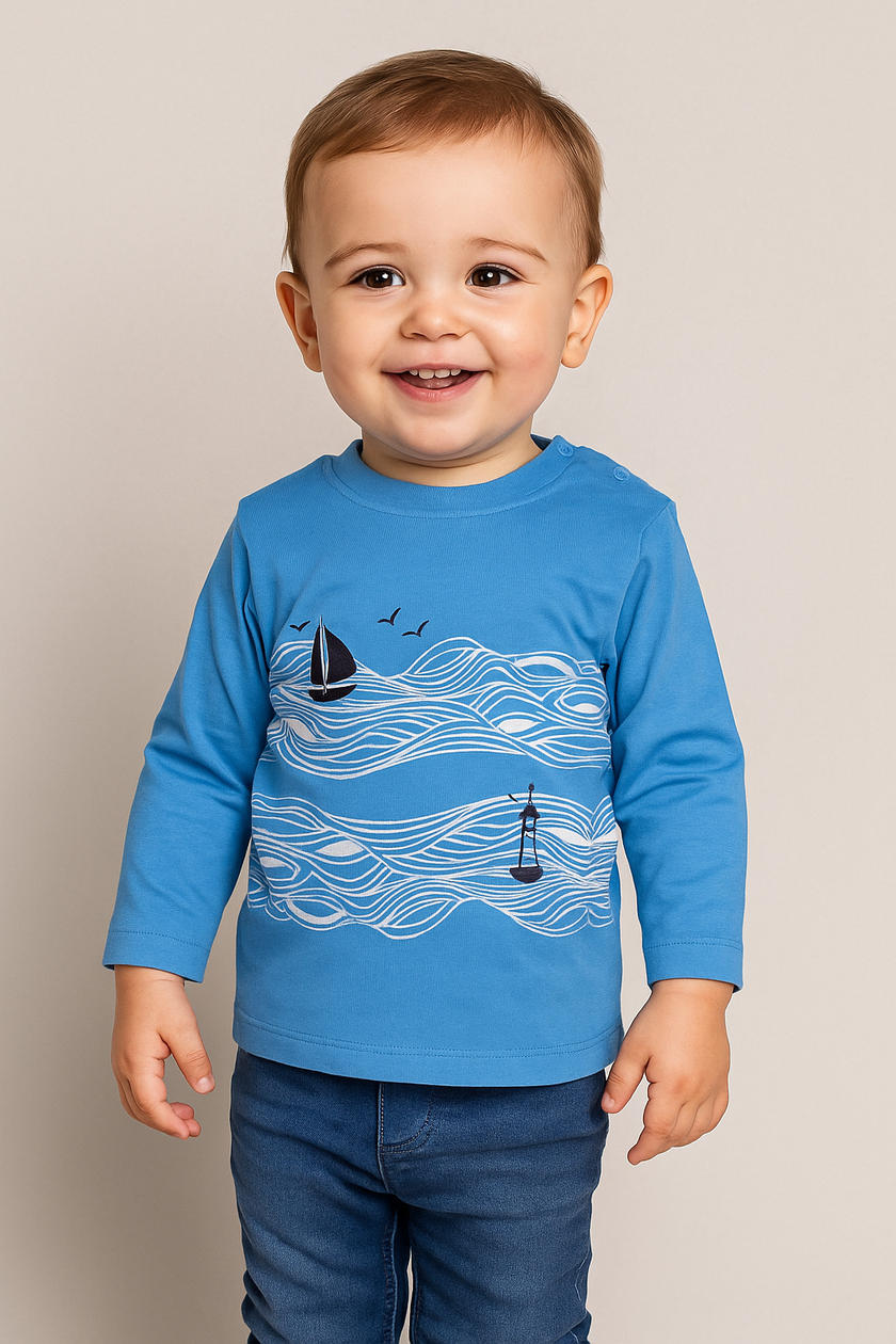 Baby Boys' Blue Nautical Long Sleeve T-Shirt - Sailboat & Lighthouse Graphic