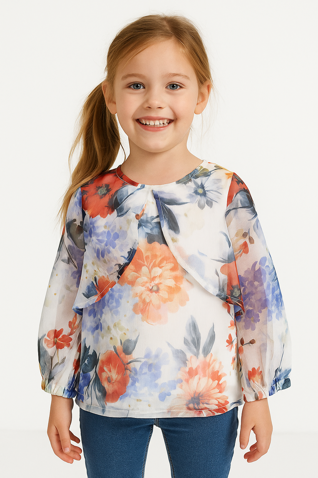 Girls' Floral Print Chiffon Top with Ruffle Detailing