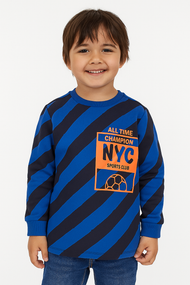"Boys' Blue Striped T-shirt with 'NYC Sports Club' Graphic"