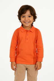 Boys' Orange Long Sleeve Polo Shirt with Houndstooth Panel Design"