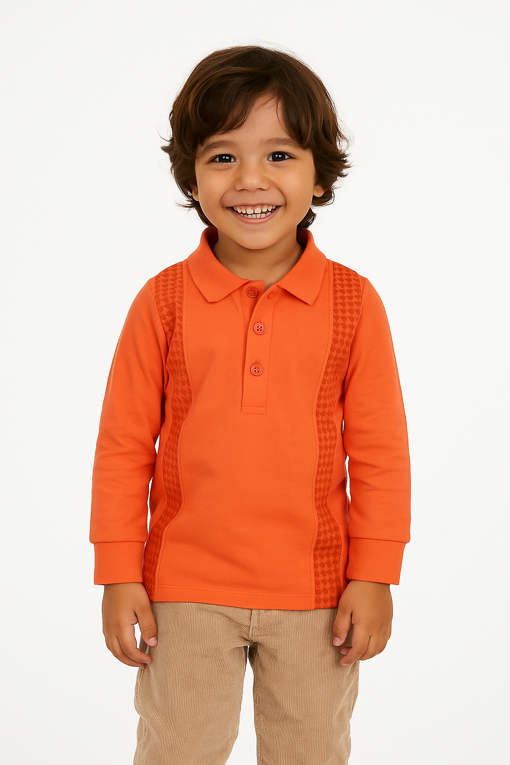 Boys' Orange Long Sleeve Polo Shirt with Houndstooth Panel Design"