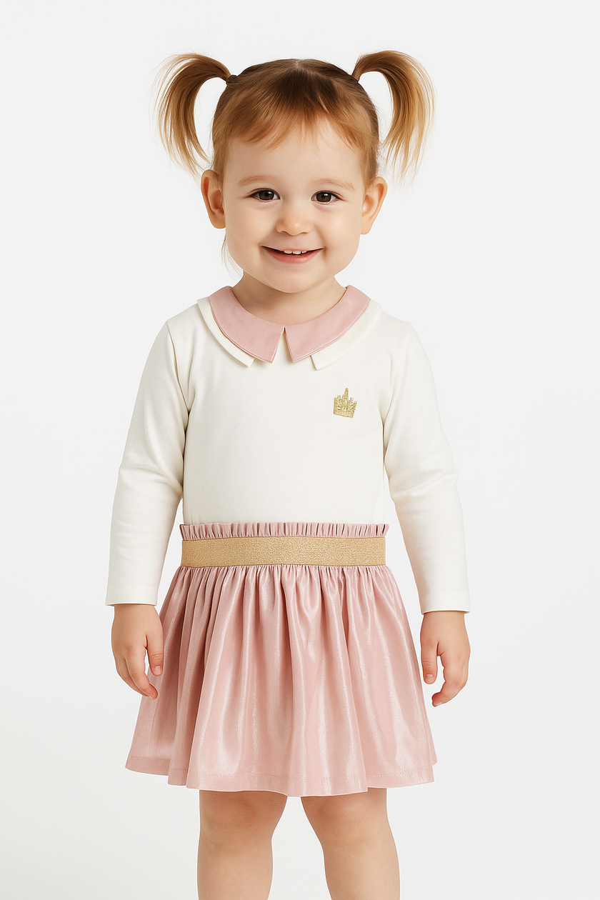 Baby Girls' Ivory and Metallic Pink Dress with Gold Crown & Glitter Waistband