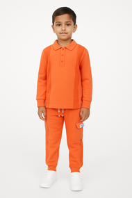 "Boys' Matching Polo T-Shirt and Jogger Set – Orange Hound's-tooth Panel Design – Cotton Loungewear Outfit"