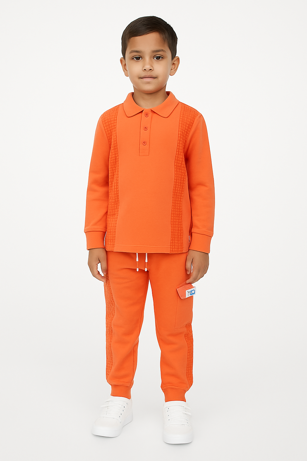 "Boys' Matching Polo T-Shirt and Jogger Set – Orange Hound's-tooth Panel Design – Cotton Loungewear Outfit"