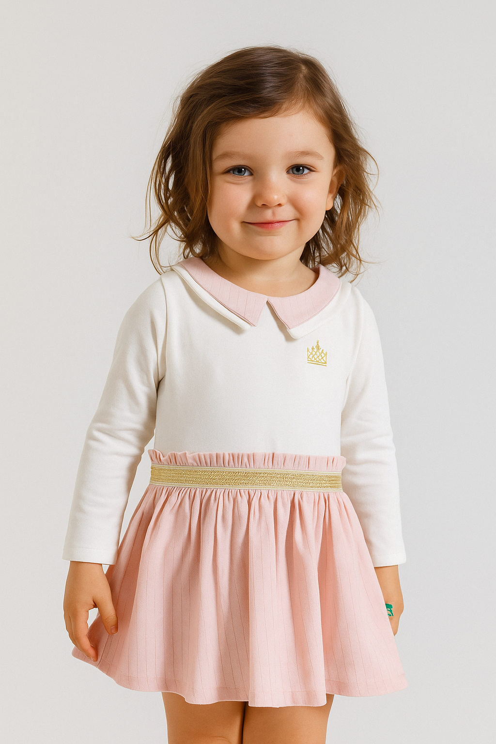 Baby  Girls' Ivory and Pink Dress with Gold Crown Detail & Glitter Waistband