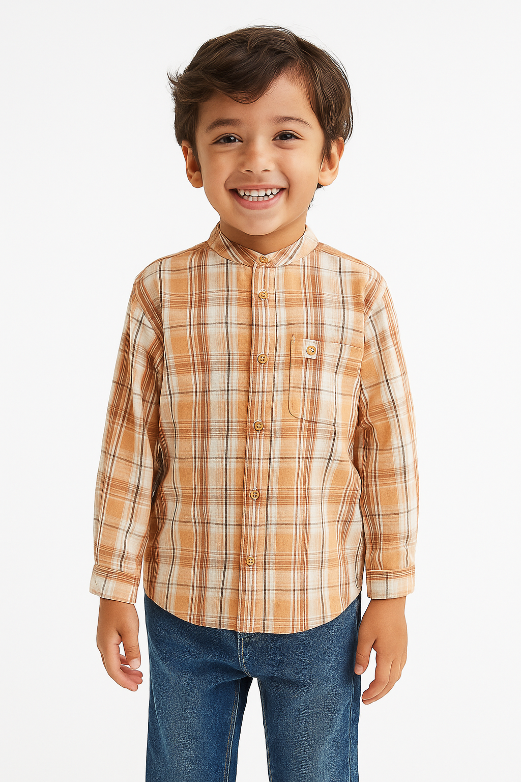 Boy's Mandarin Collar Plaid Shirt – Beige & White Checkered