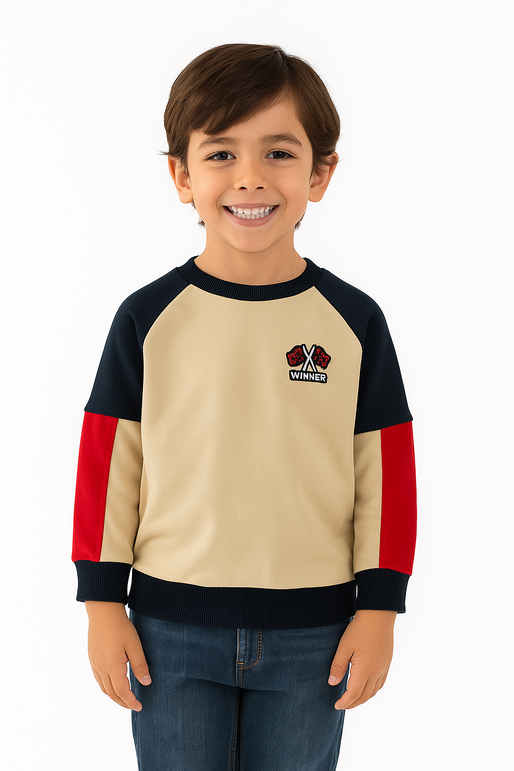 Boys' Color Embroidered Raglan Sweatshirt - Beige, Navy & Red