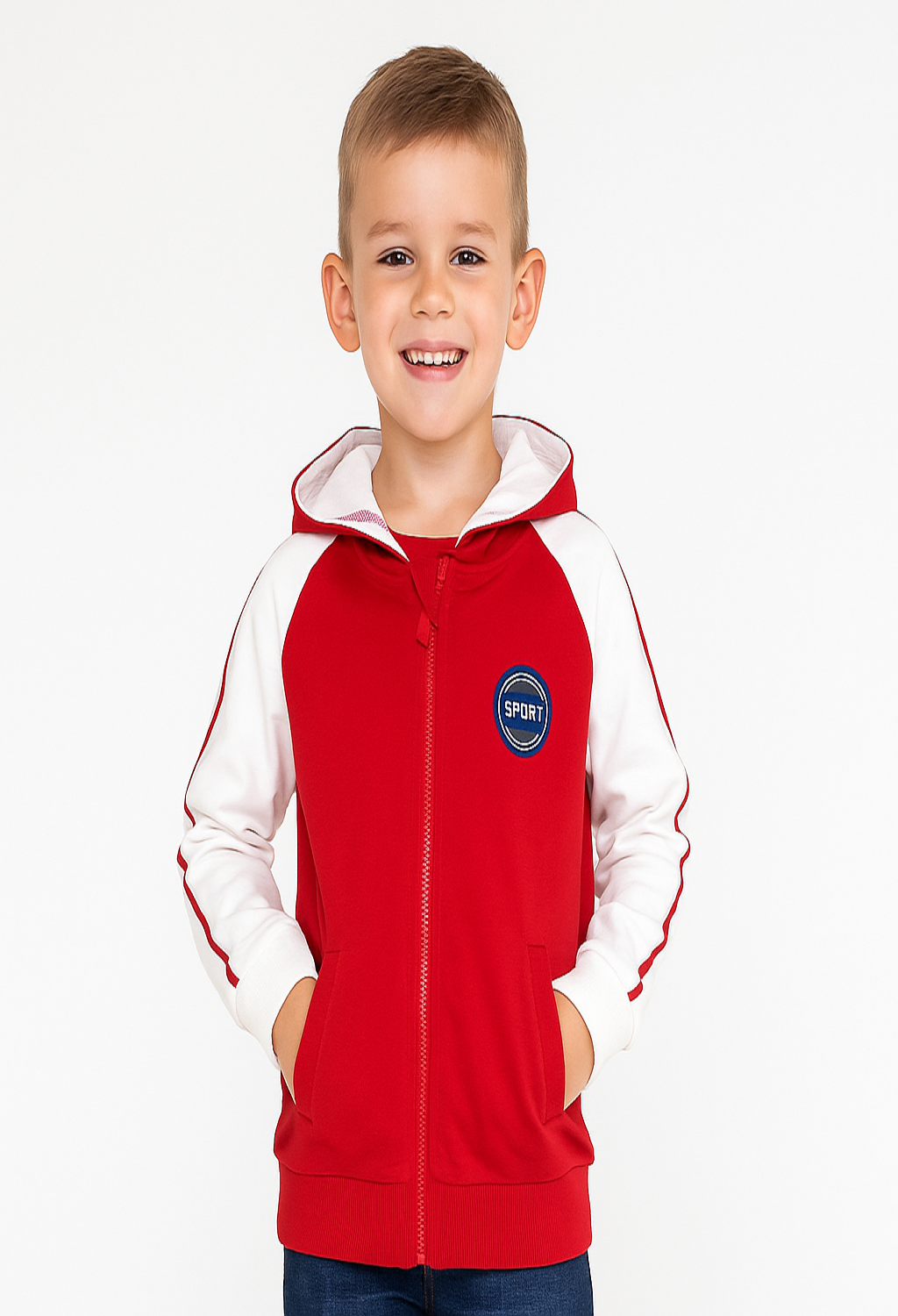 Boys' Sporty Zip-Up Hoodie - Red & White with Patch Detail