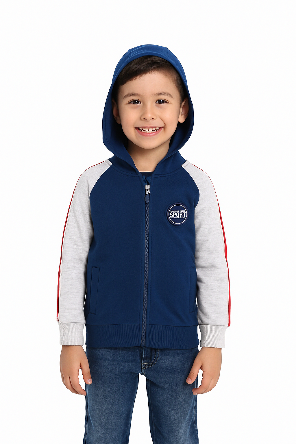 Boys' Sporty Zip-Up Hoodie - Navy & Grey with Patch Detail