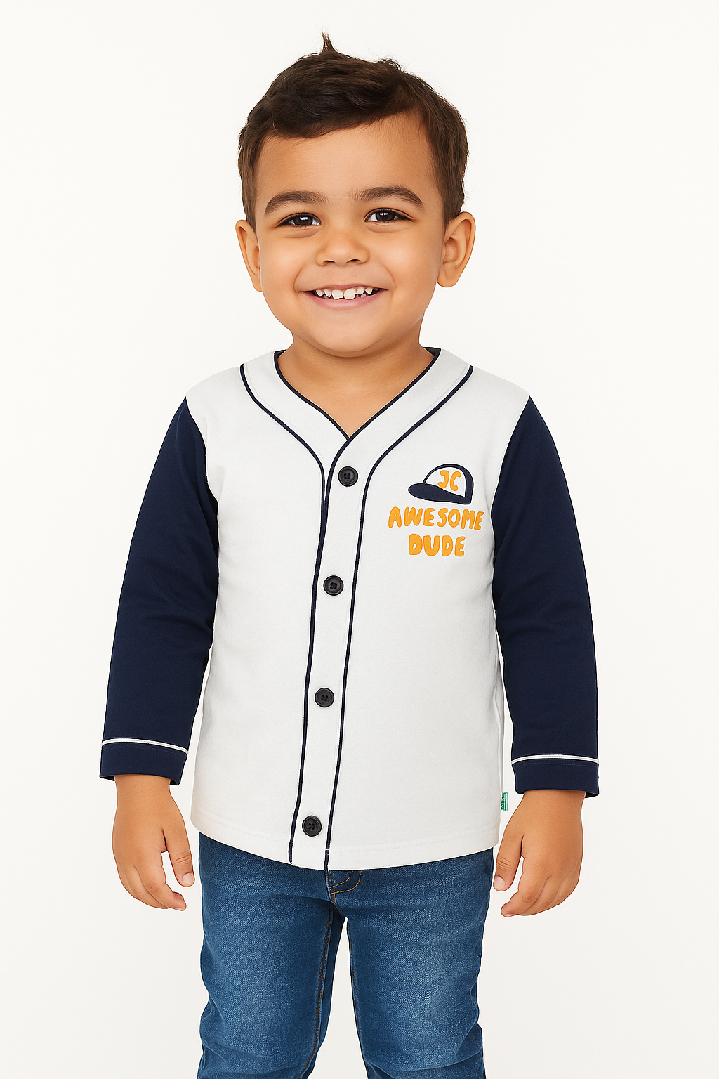Juscubs Baseball Style Button-Up Jacket - White & Navy "Awesome Dude"