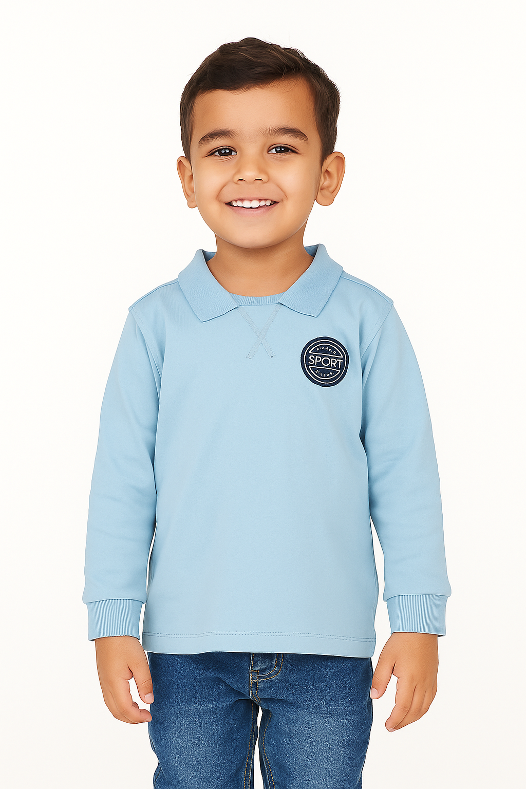Boys' Light Blue Long Sleeve T-Shirt with Sport Badge Detail