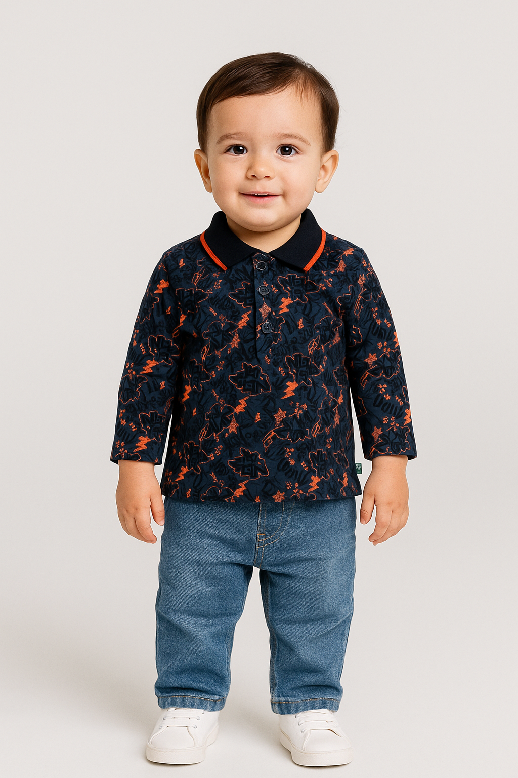 Boys' Navy Blue Graphic Print Polo T-Shirt with Contrast Collar