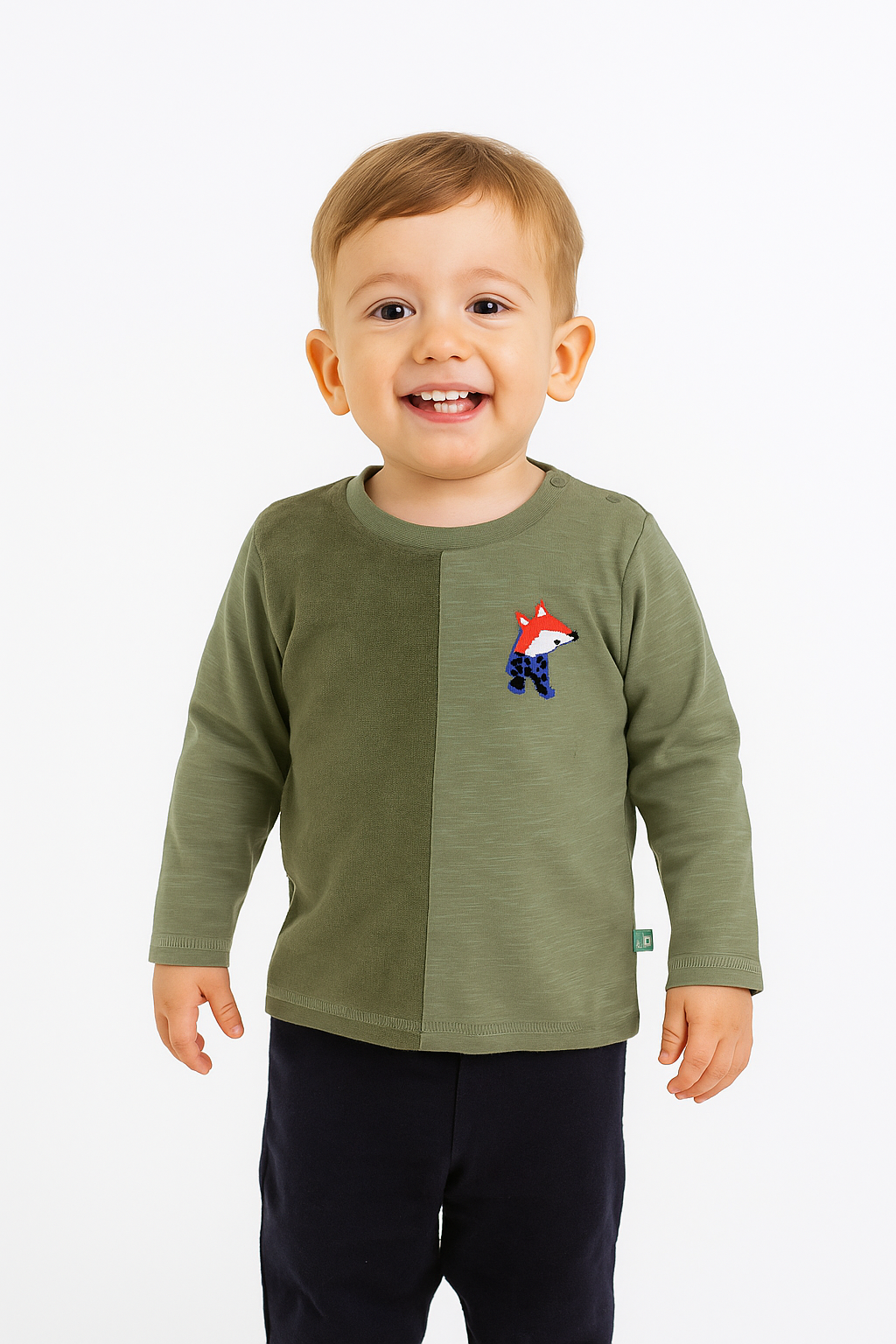 Boys' Olive Green Panel T-Shirt with Fox Embroidery