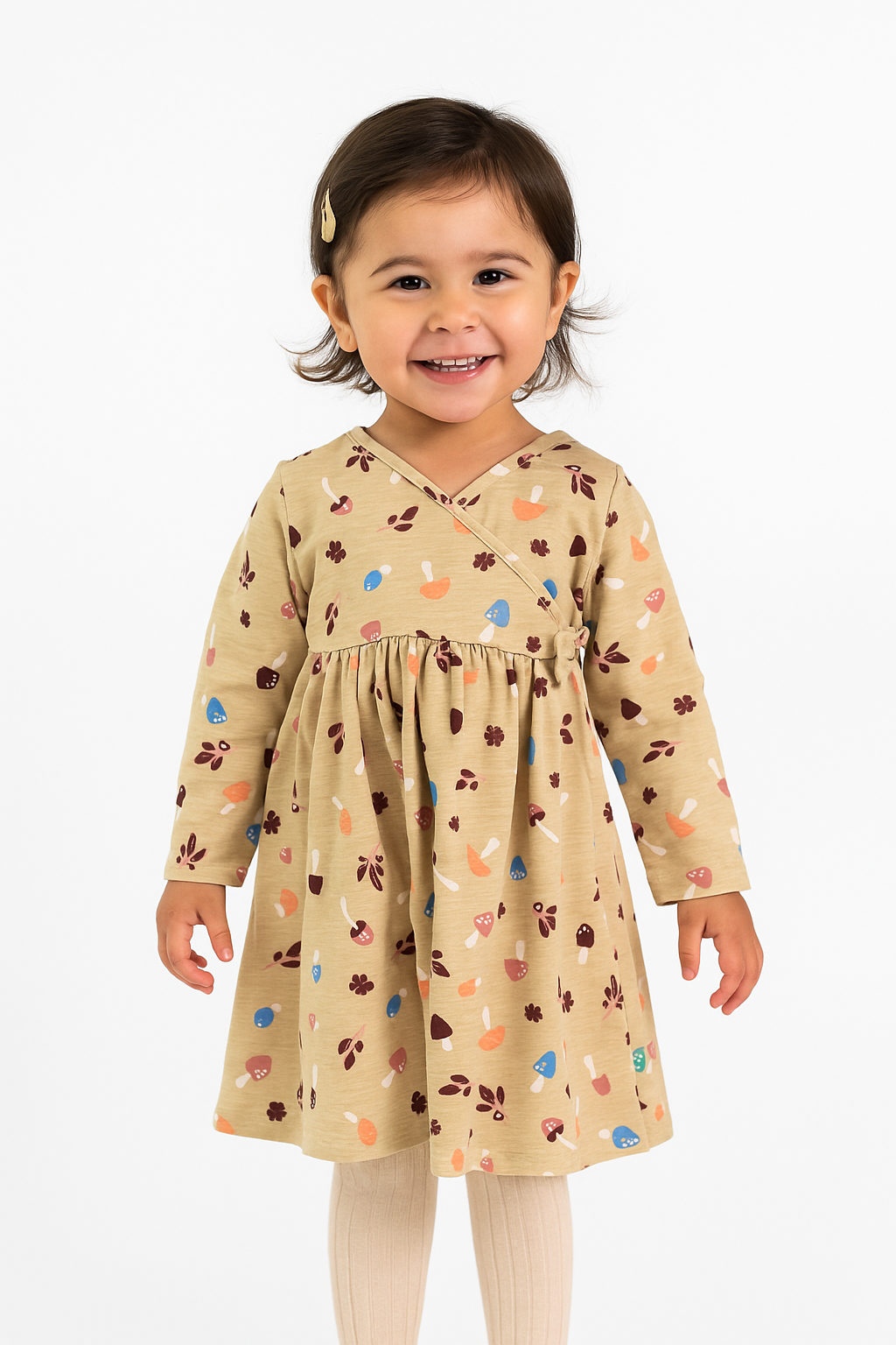 Baby Girls' Beige Wrap-Style Dress with Colorful Mushroom & Leaf Print