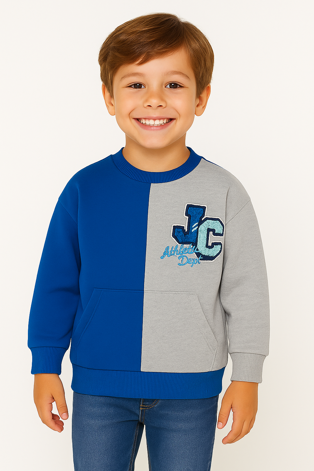 Boys' Blue & Grey Colorblock Sweatshirt with Embroidered Logo