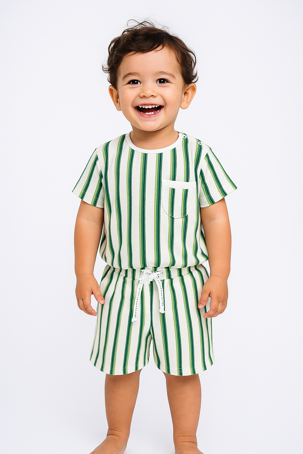 "Baby Boys' Green & Blue Striped T-Shirt and Shorts Set – 2-Piece Cotton Summer Outfit"