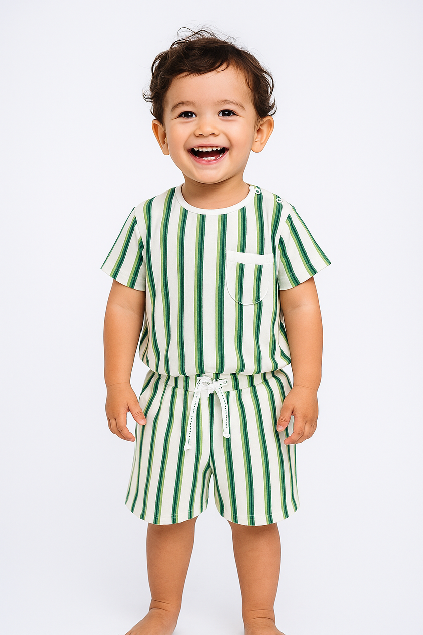 "Baby Boys' Green & Blue Striped T-Shirt and Shorts Set – 2-Piece Cotton Summer Outfit"