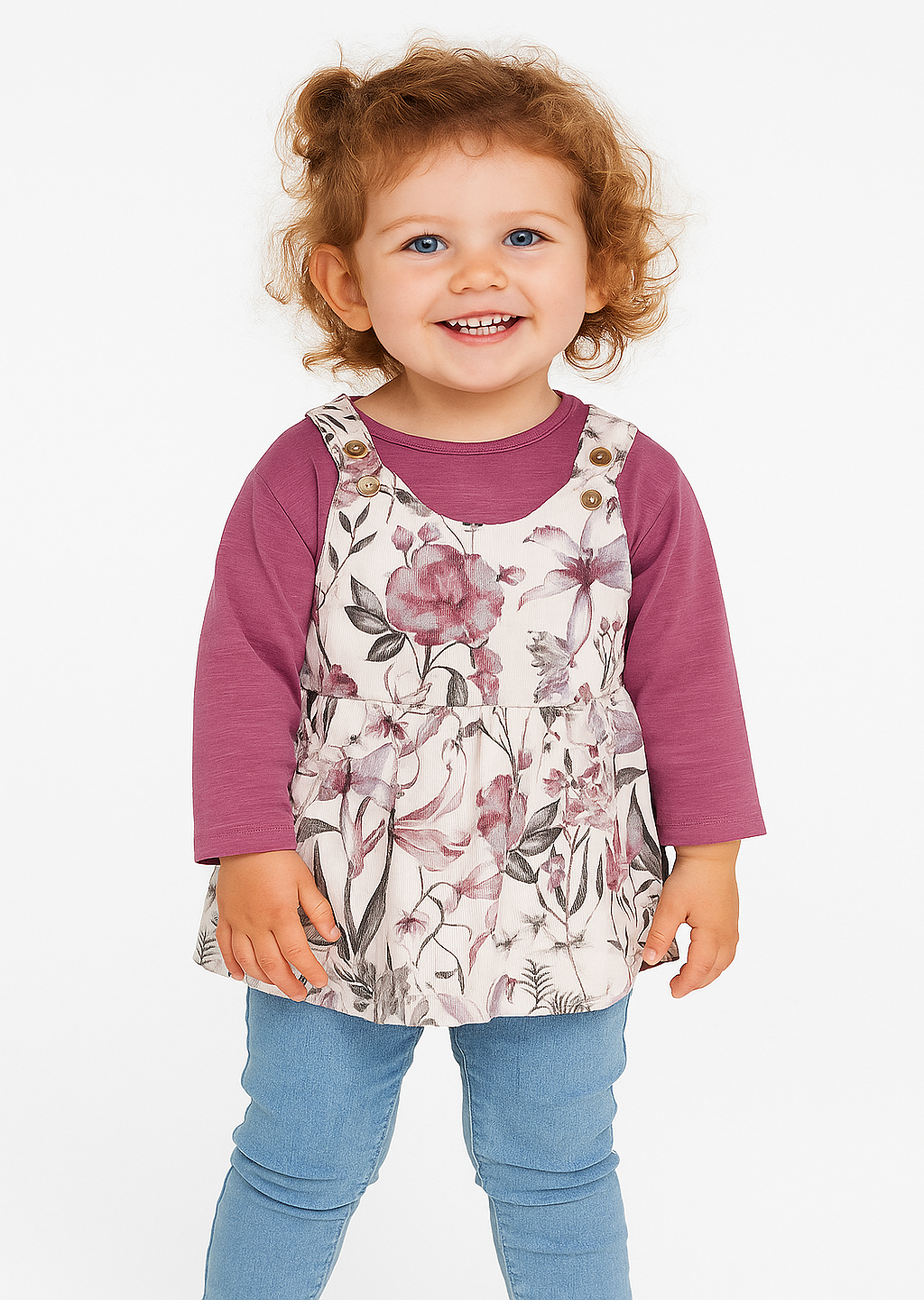 "Baby Girls' Floral Pinafore Dress with Long Sleeve Top – 2-Piece Set"