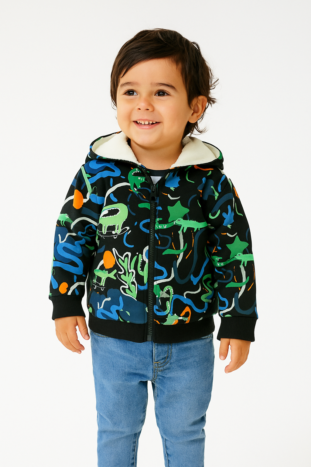 Boys' Fleece-Lined Hoodie with Dinosaur & Alligator Print – Multicolor