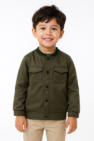 Boys' Olive Green Bomber Jacket – Snap Button Closure & Pocket Detail