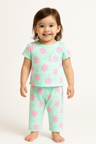 "Girls Mint Green Floral Nightwear Set – Ribbed Cotton Top & Pajama with Ruffle Trim"
