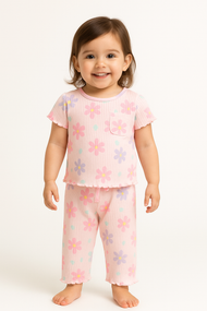 "Girls Pink Floral Print Nightwear Set – Soft Ribbed Cotton Top & Pajama"