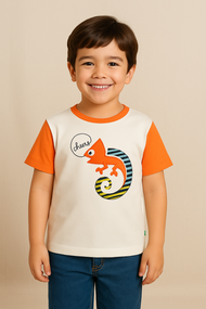 "Boys White & Orange Chameleon Graphic T-Shirt – 100% Cotton"